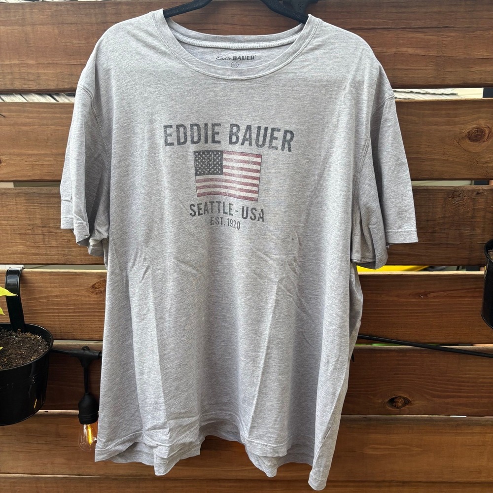 Eddie Bauer Graphic T-Shirt Mens XXL Gray‎ Fair American Flag Seattle Tee